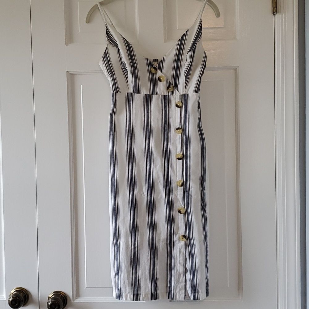 NAUTICAL STRIPE COTTON MAXI MIDI DRESS NAVY BLUE WHITE BLACK BEACHY COASTAL XS